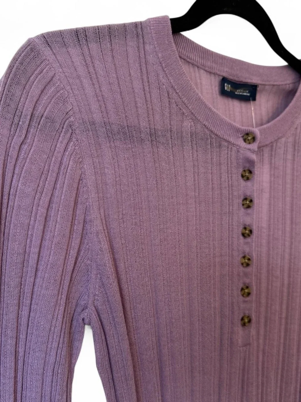 GAP Ribbed Henley Long Sleeve Top in amethyst purple sheer